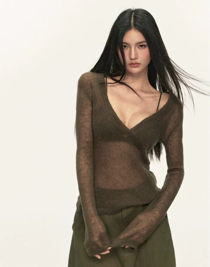 Sheer Knit Deep V-Neck Long Sleeve Top - Image 5
