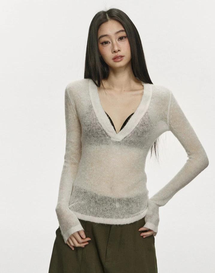 Sheer Knit Deep V-Neck Long Sleeve Top - Image 7