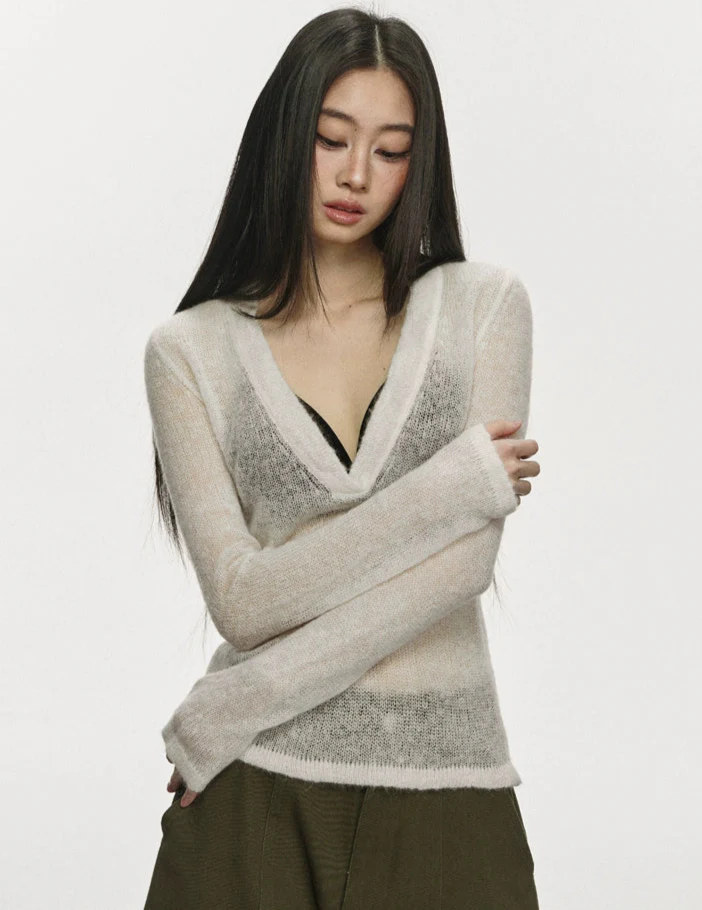 Sheer Knit Deep V-Neck Long Sleeve Top - Image 8