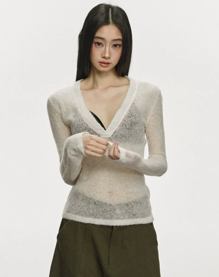 Sheer Knit Deep V-Neck Long Sleeve Top - Image 9