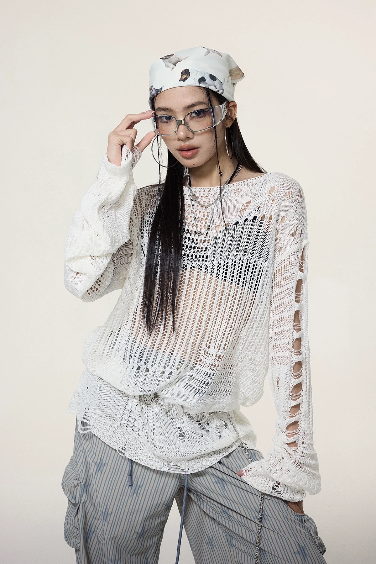 Sheer Knit Pullover with Distressed Detail - Image 10