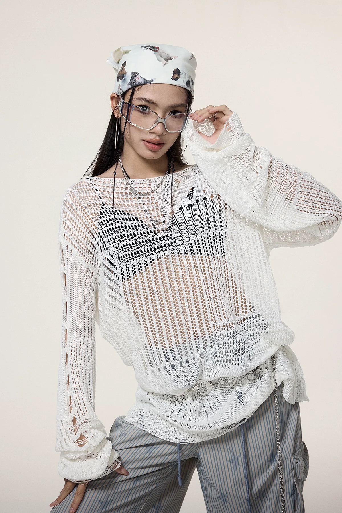 Sheer Knit Pullover with Distressed Detail - Image 12
