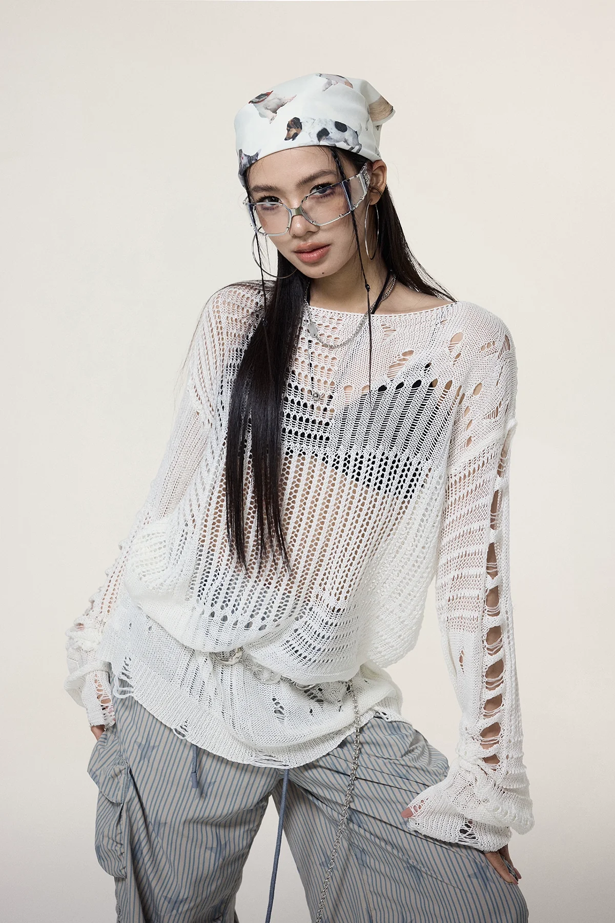 Sheer Knit Pullover with Distressed Detail - Image 3