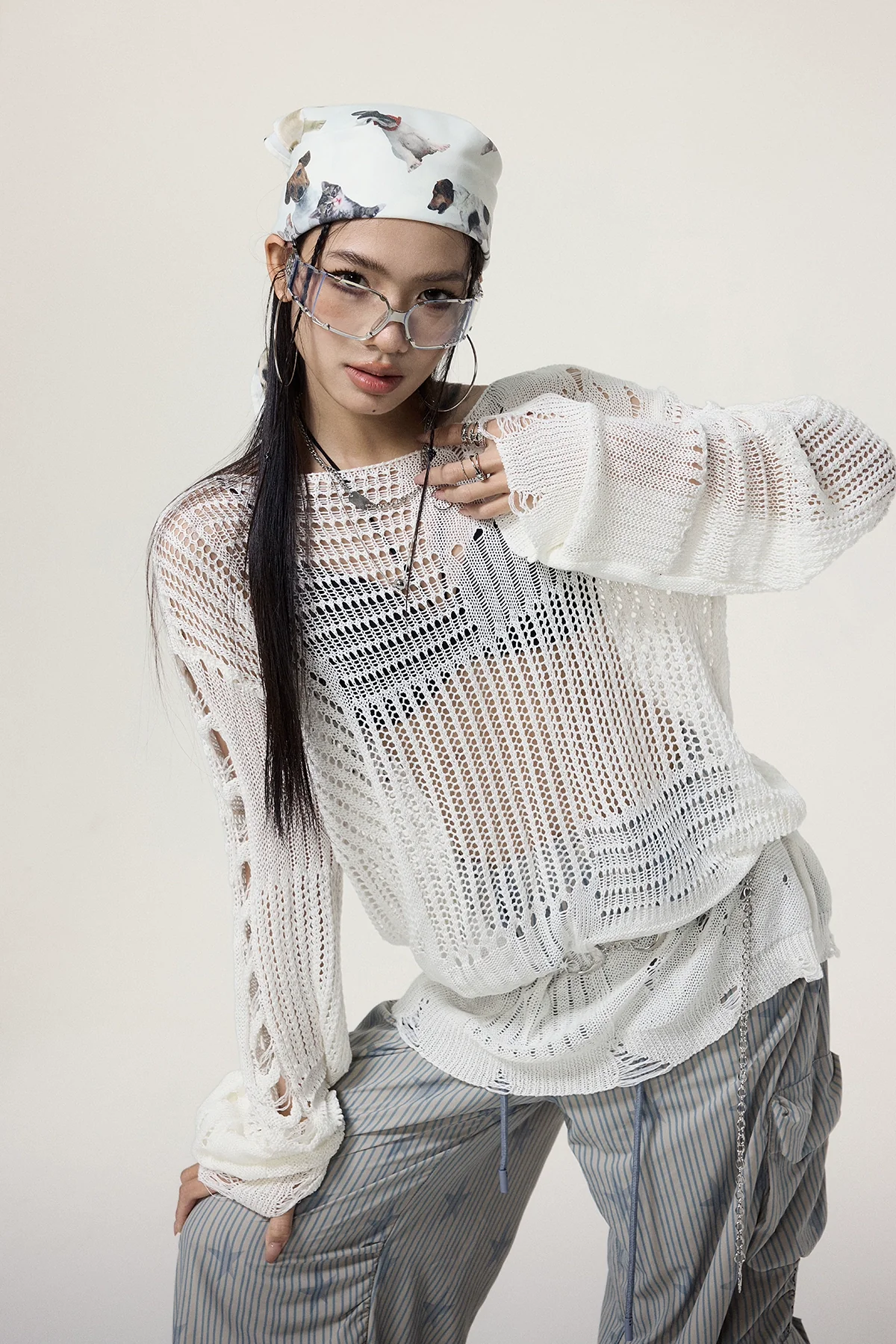 Sheer Knit Pullover with Distressed Detail - Image 4