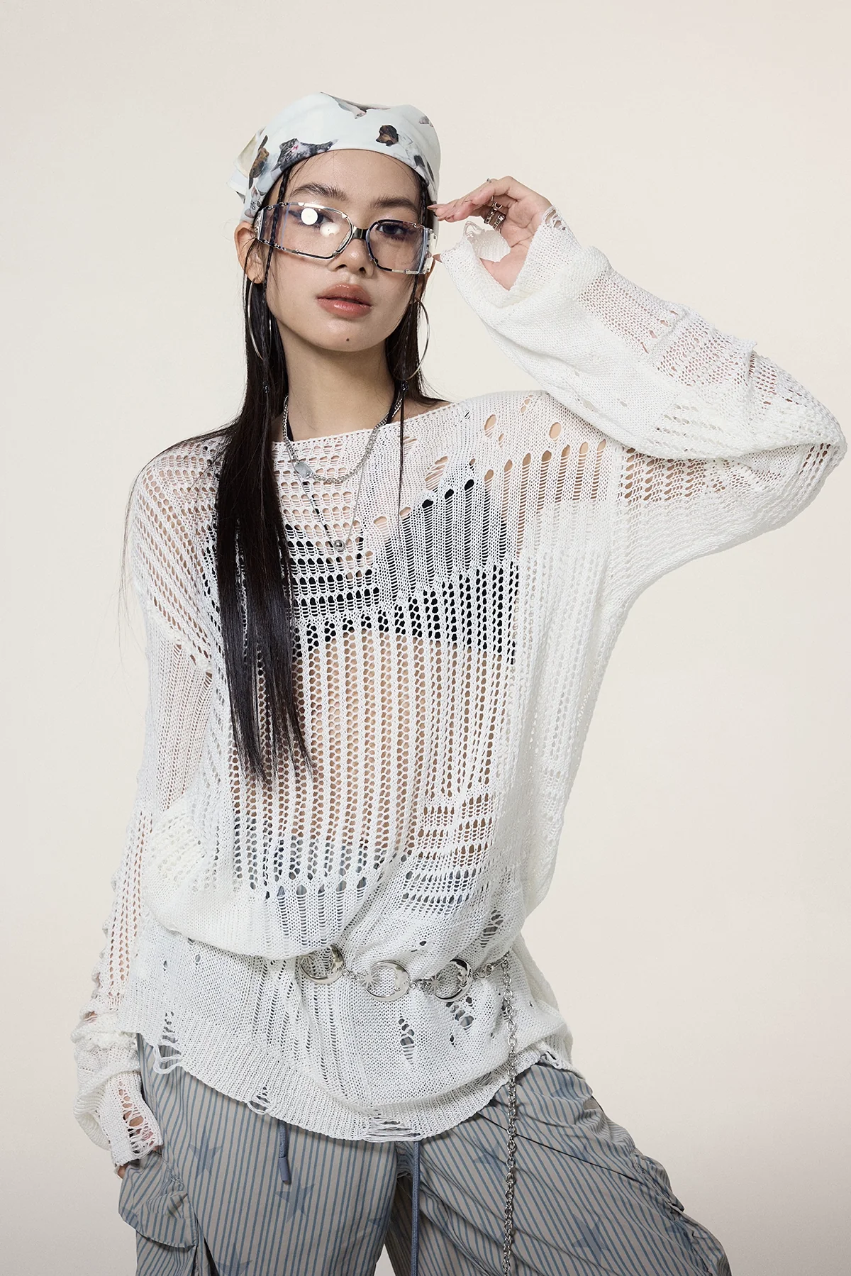 Sheer Knit Pullover with Distressed Detail - Image 8