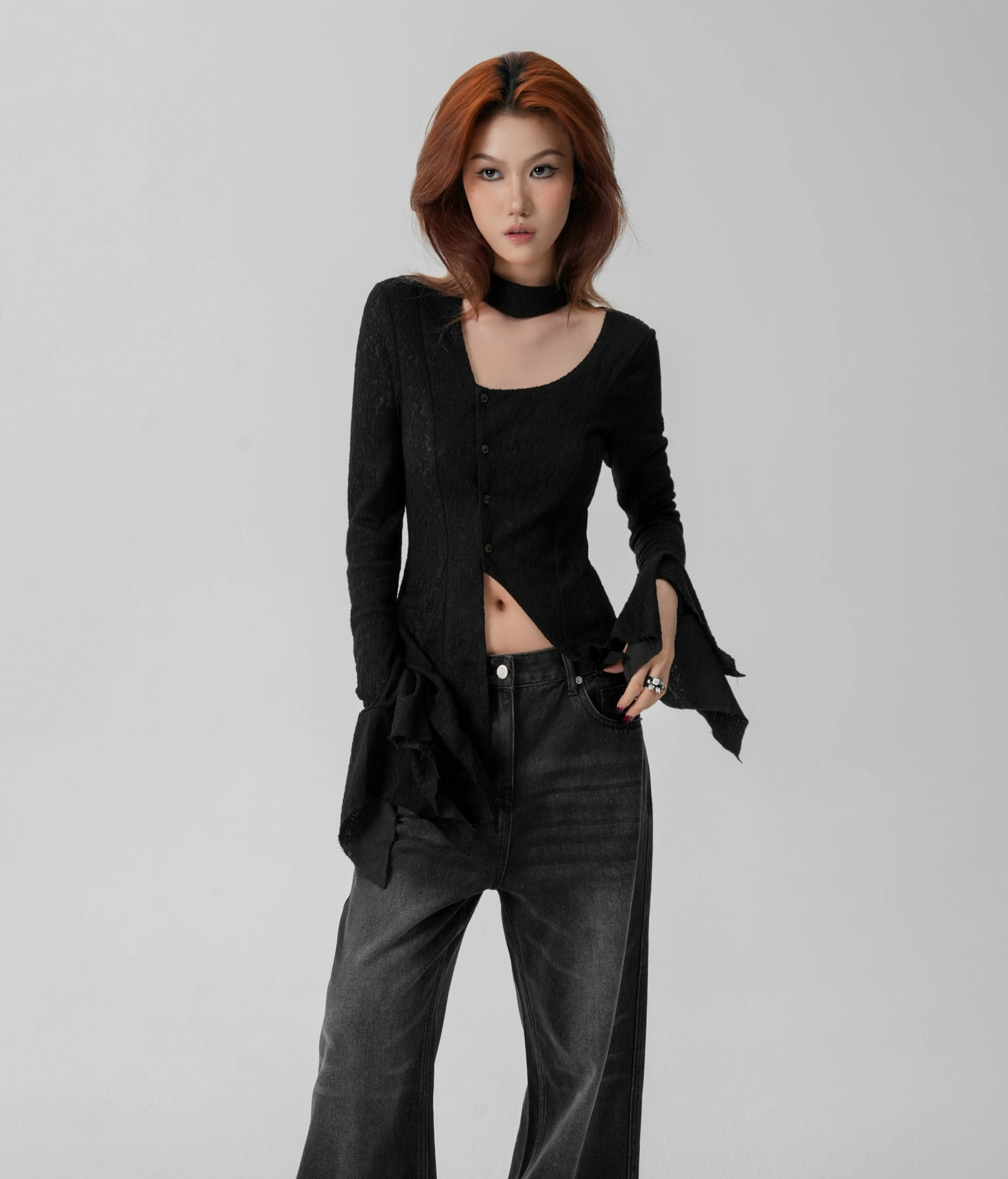Sheer Knit Wrap-Scarf Top with Textured Pattern - Image 14