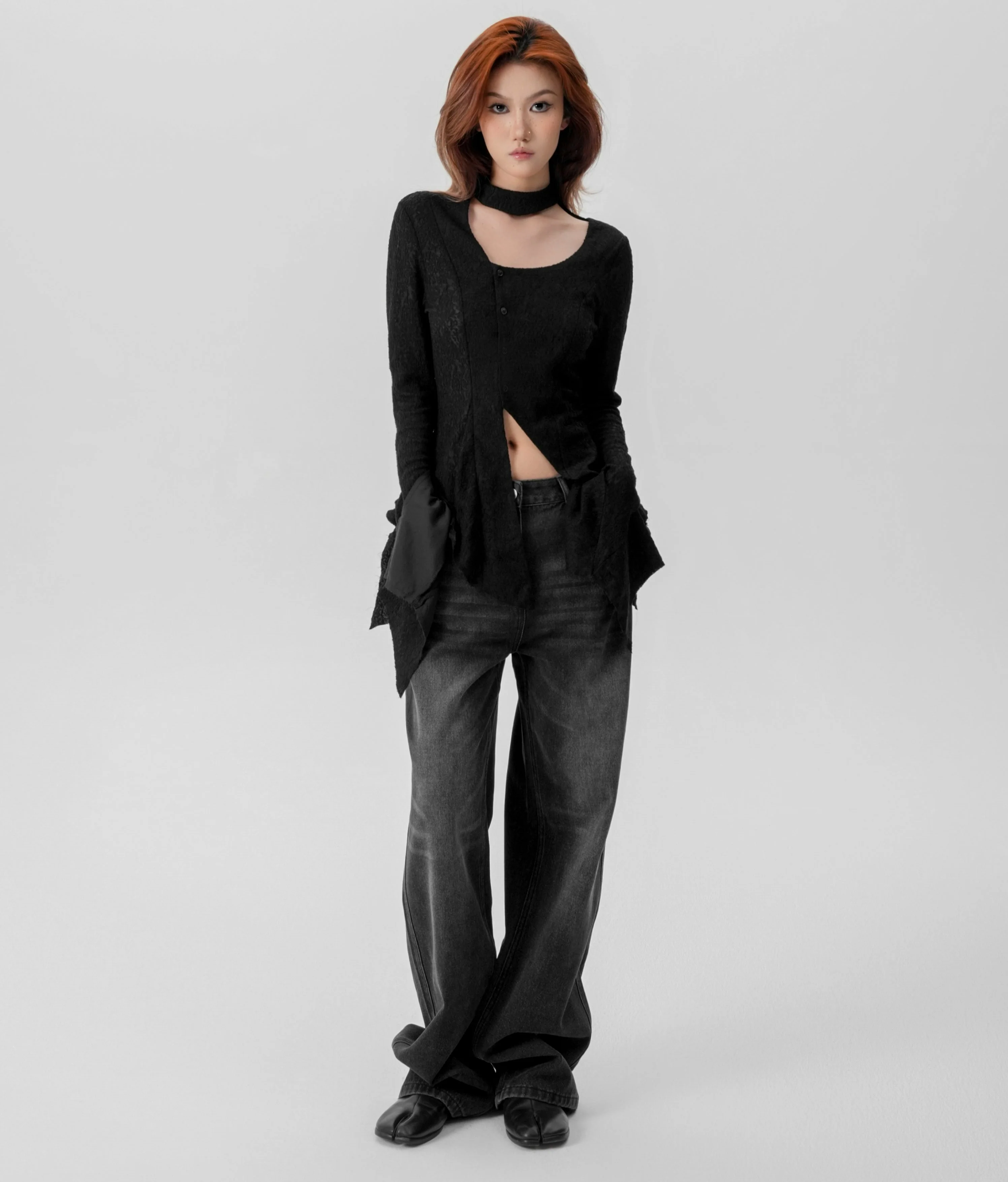 Sheer Knit Wrap-Scarf Top with Textured Pattern - Image 18