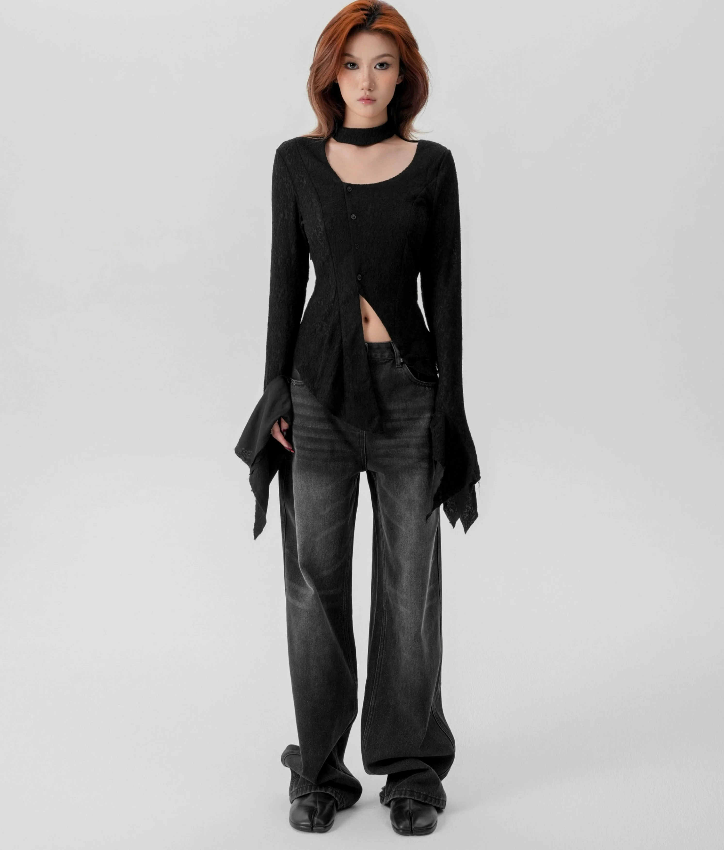Sheer Knit Wrap-Scarf Top with Textured Pattern - Image 19