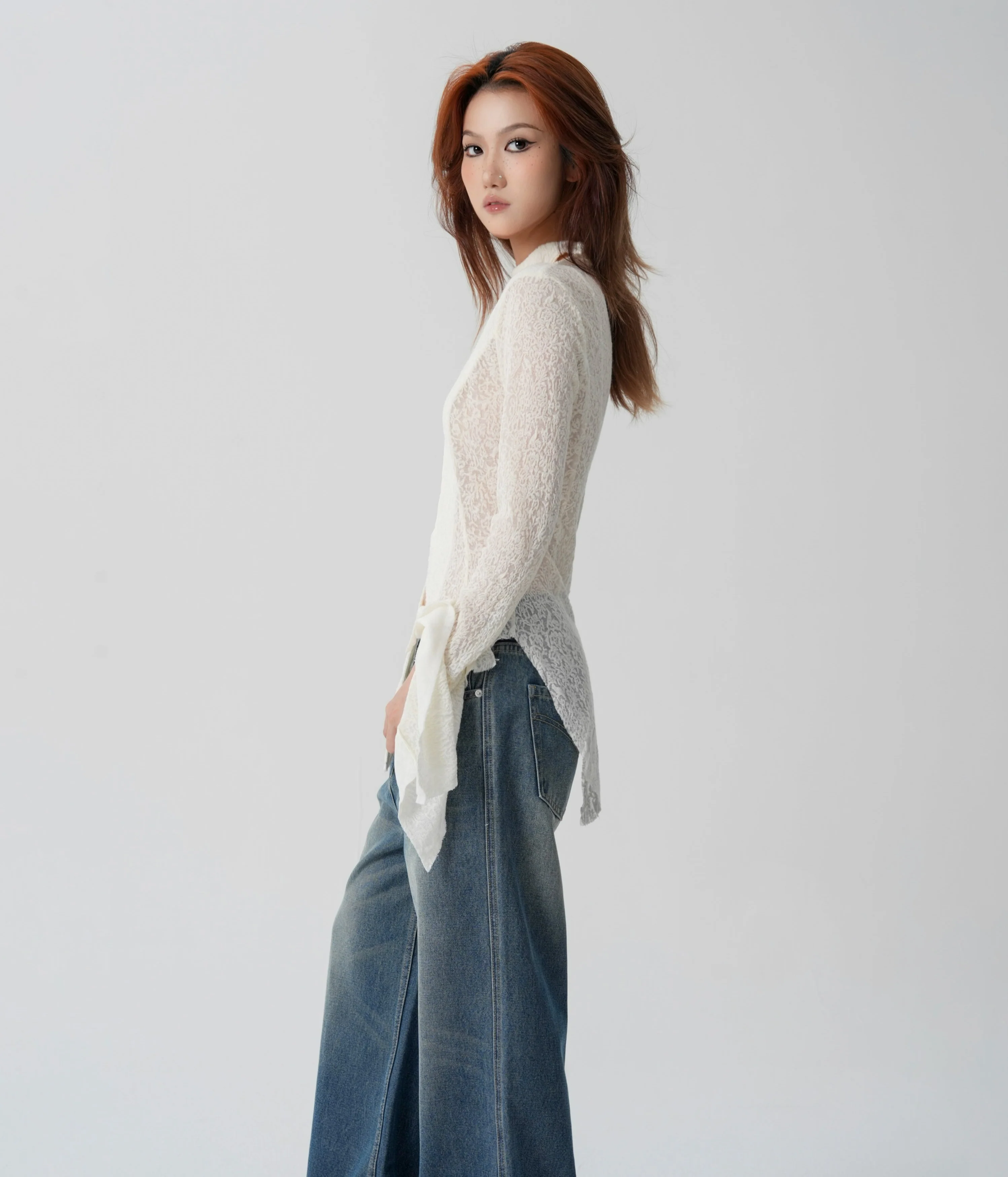 Sheer Knit Wrap-Scarf Top with Textured Pattern - Image 4