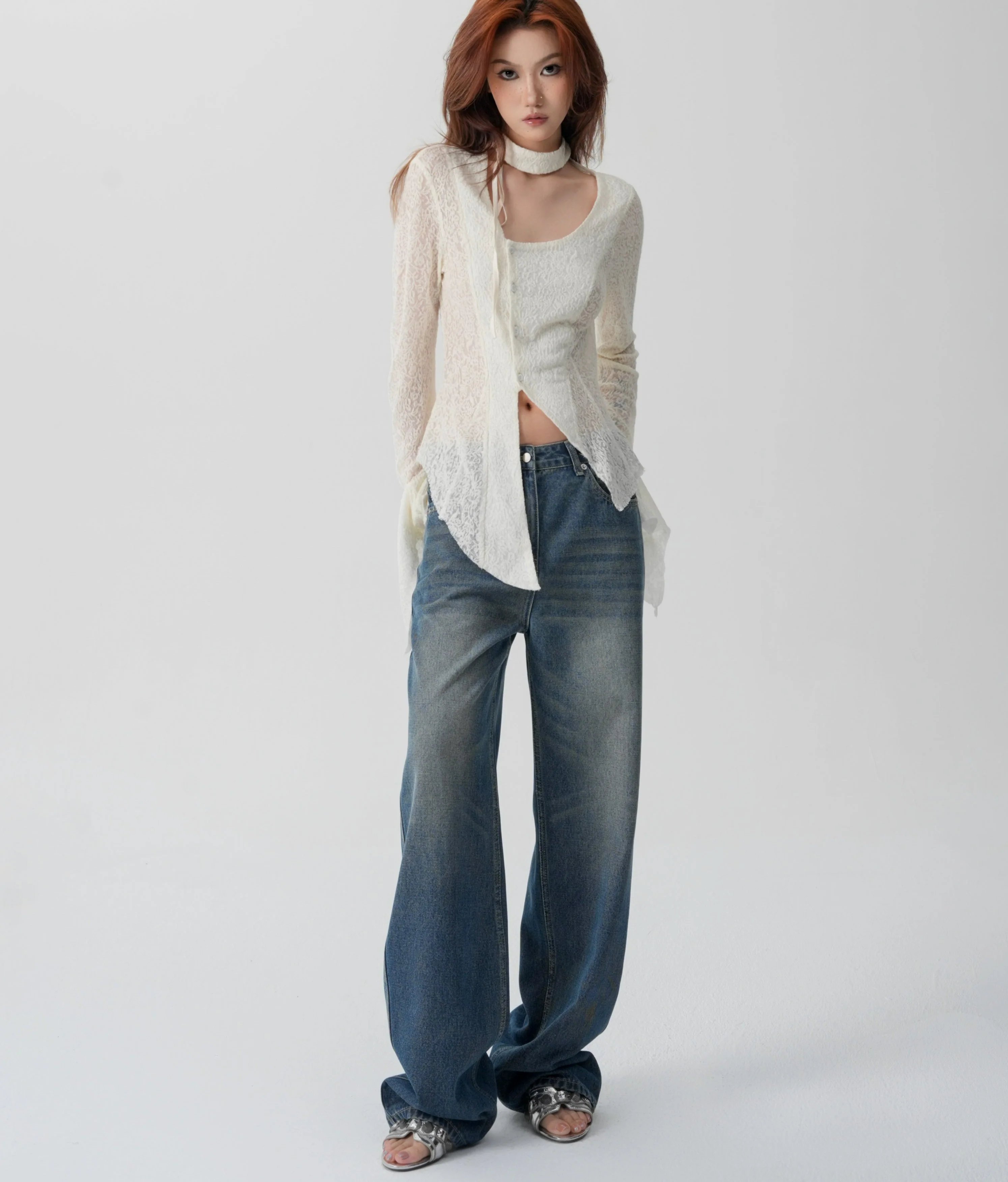 Sheer Knit Wrap-Scarf Top with Textured Pattern - Image 9