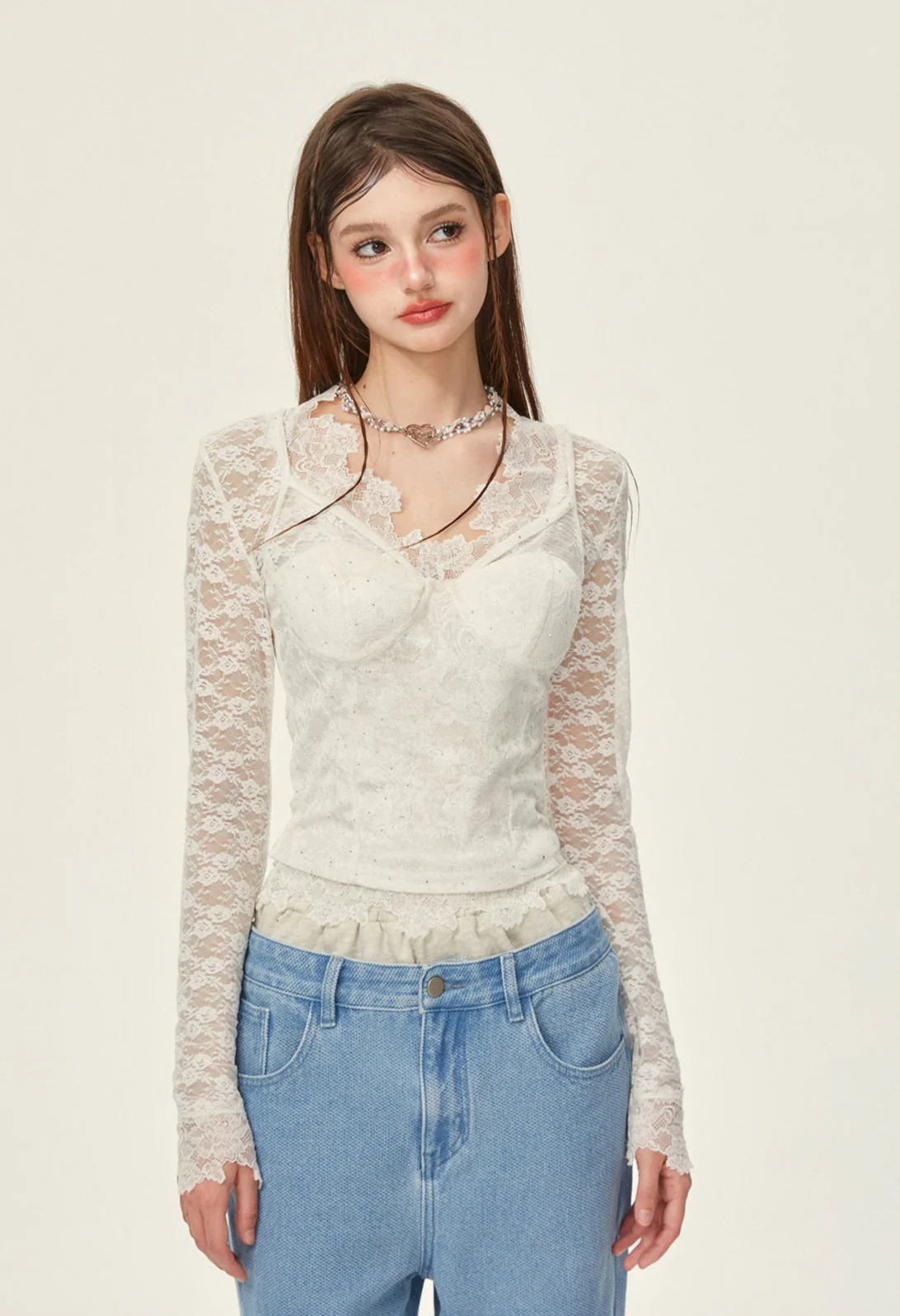 Sheer Lace Long Sleeve Blouse