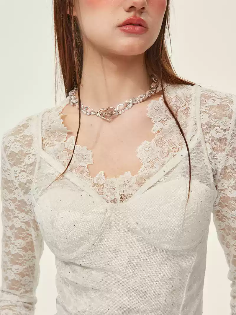 Sheer Lace Long Sleeve Blouse - Image 2