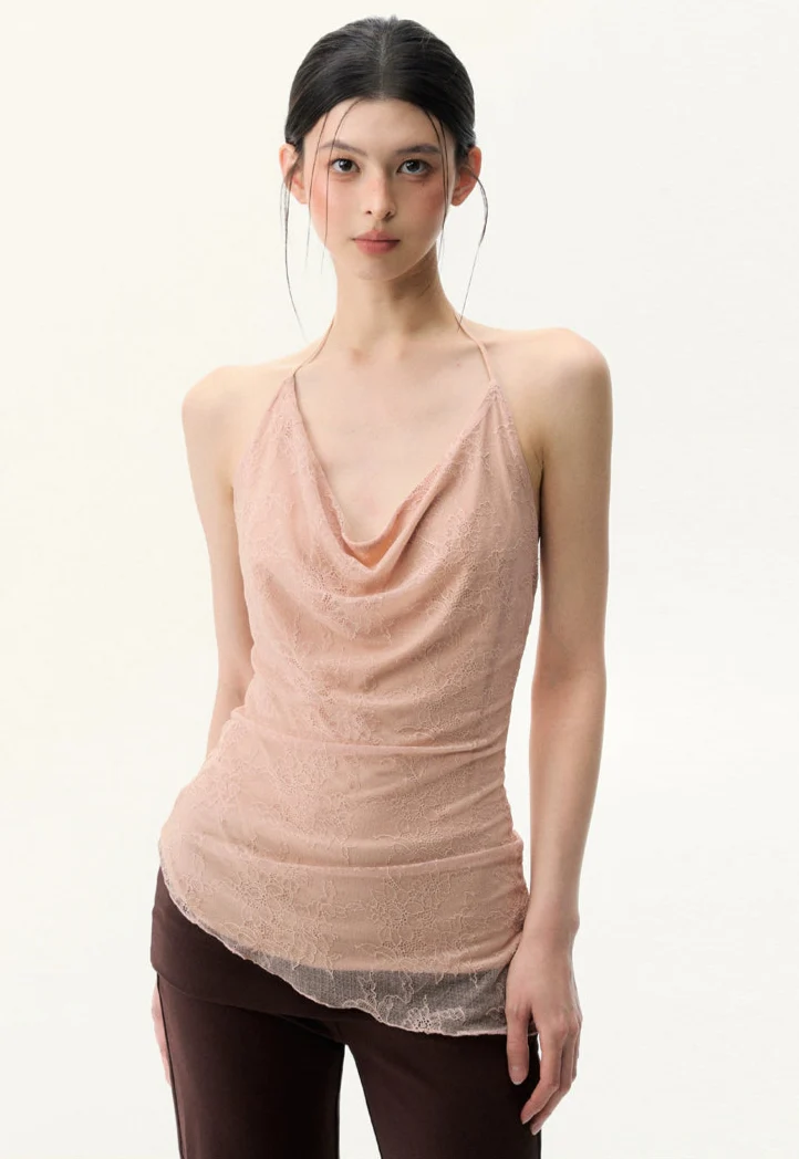 Sheer Lace Low Cowl-Neck Halter Top - Image 2