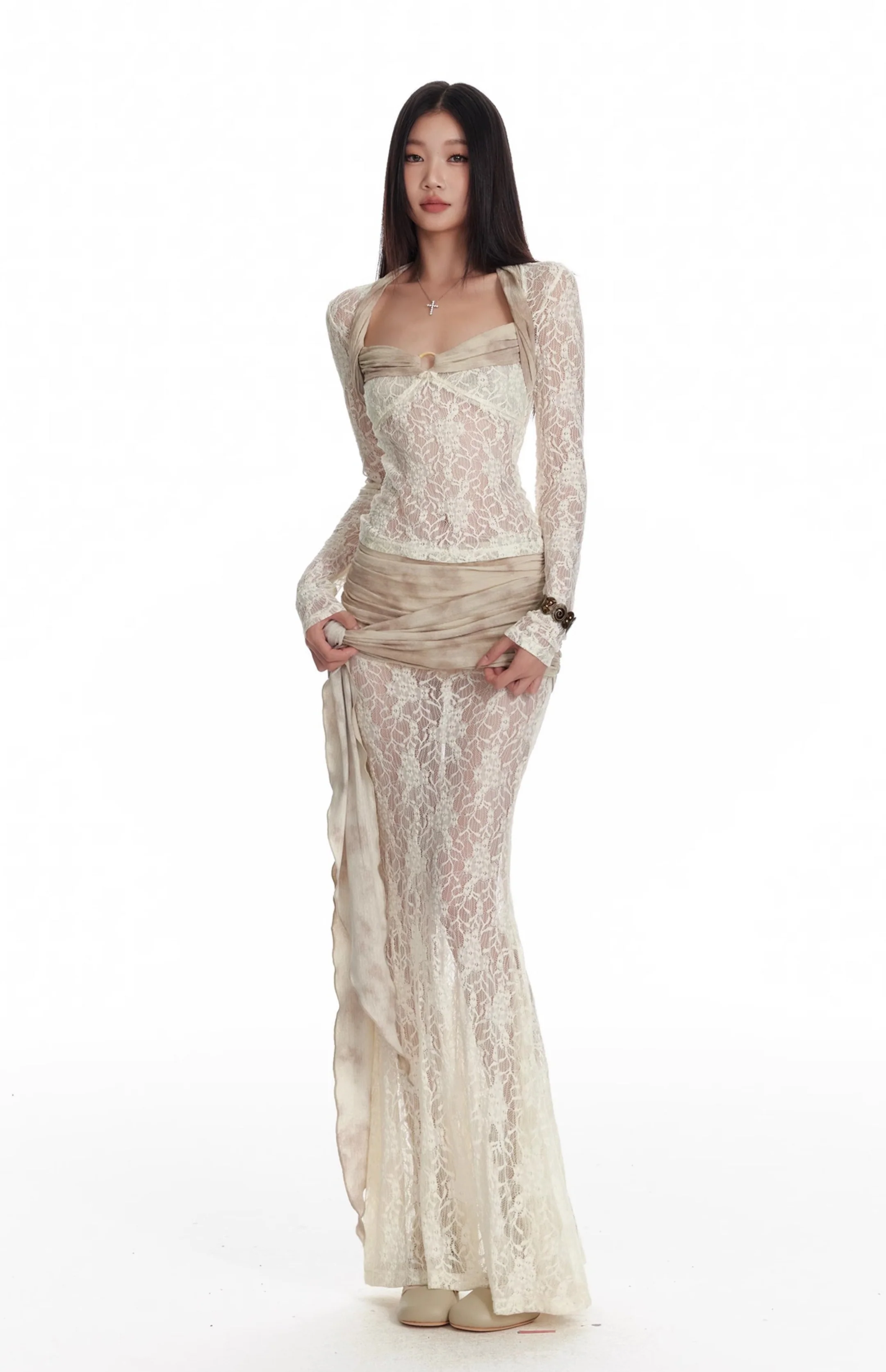 Sheer Lace Mesh Long Sleeve Top and Mermaid Maxi Skirt with Drape Wrap Detail Two-Piece Set - Image 2