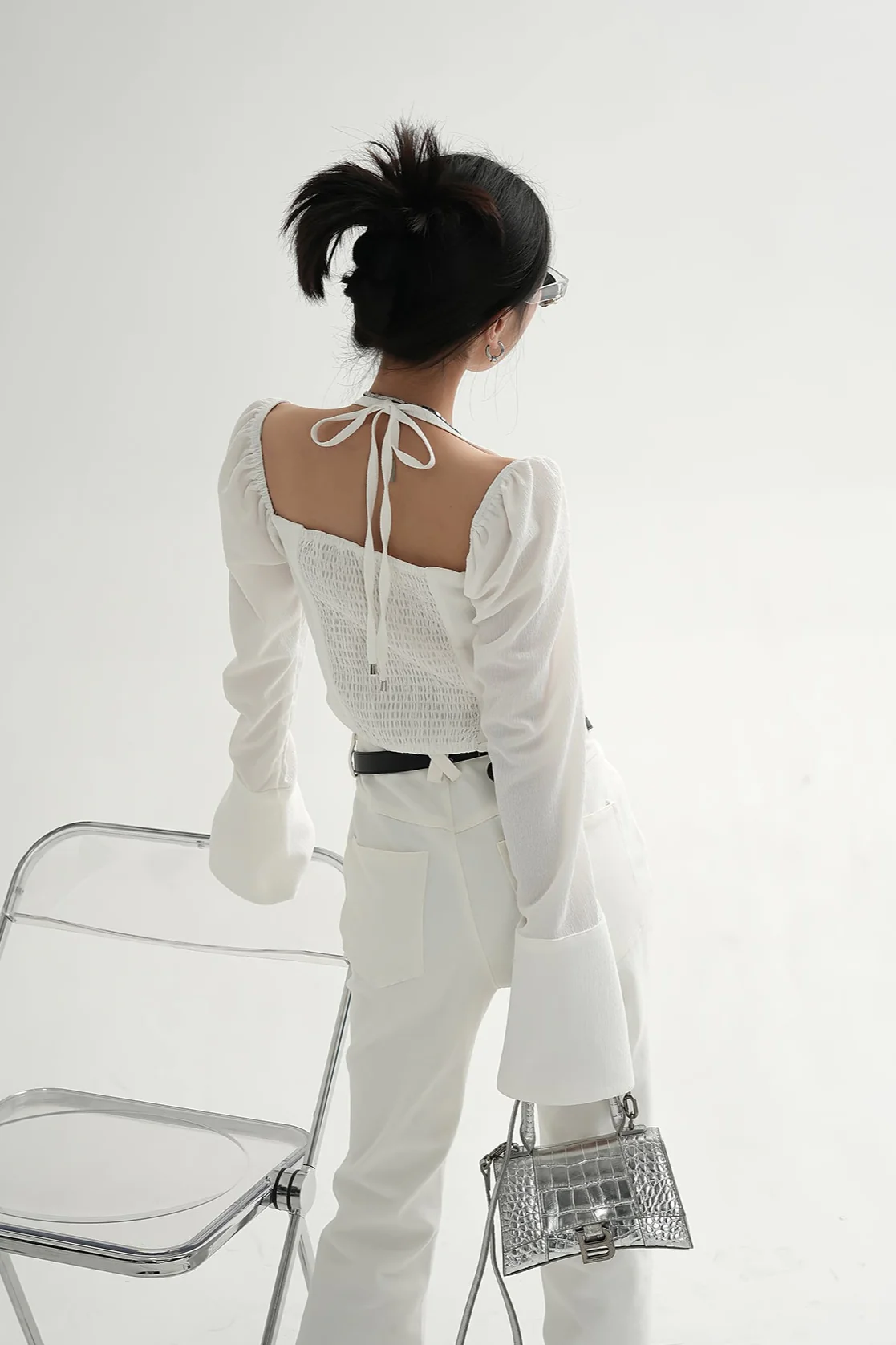Sheer Long Sleeve Ruched Halter Blouse with Flared Cuffs - Image 2