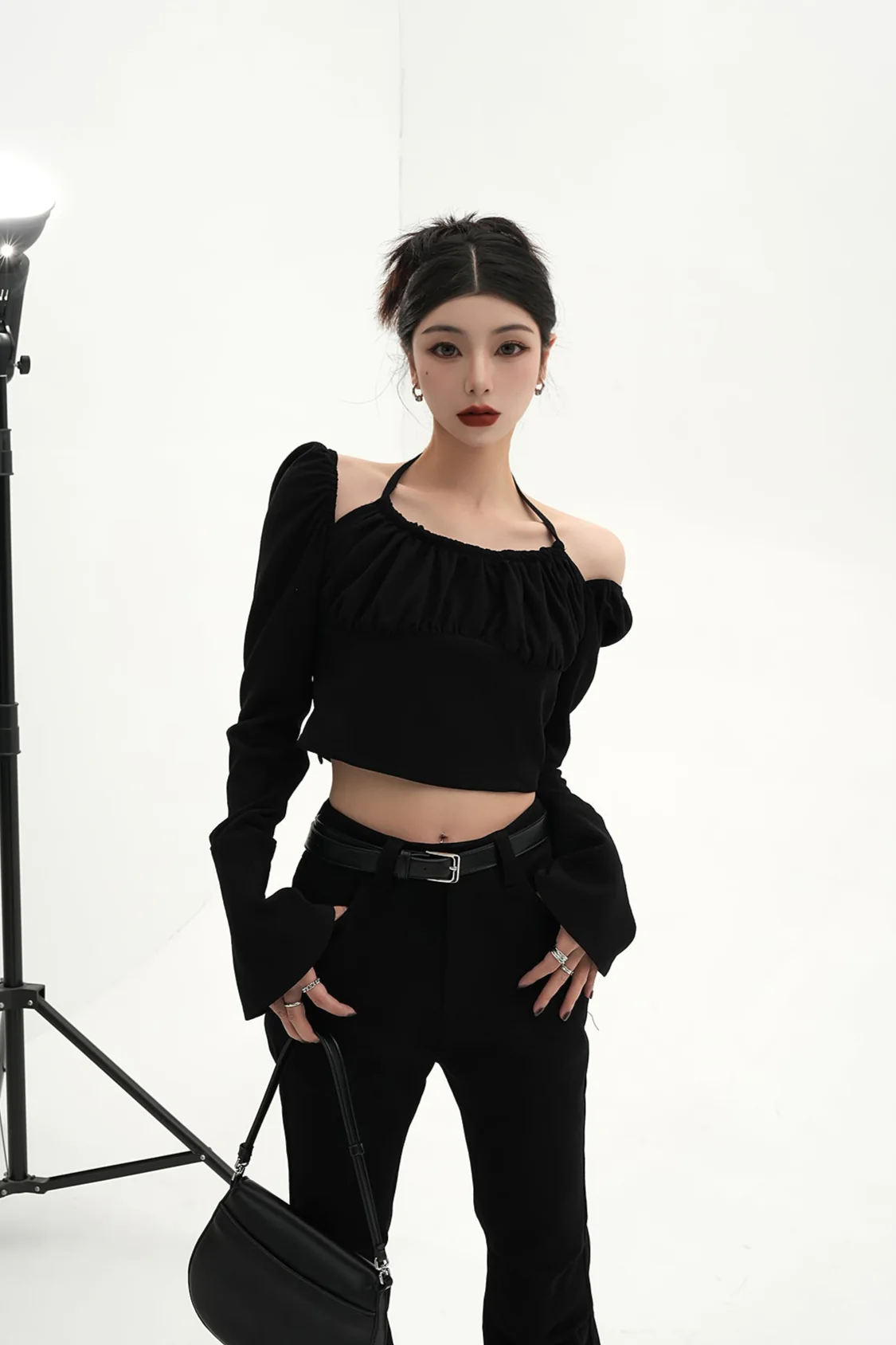 Sheer Long Sleeve Ruched Halter Blouse with Flared Cuffs - Image 9