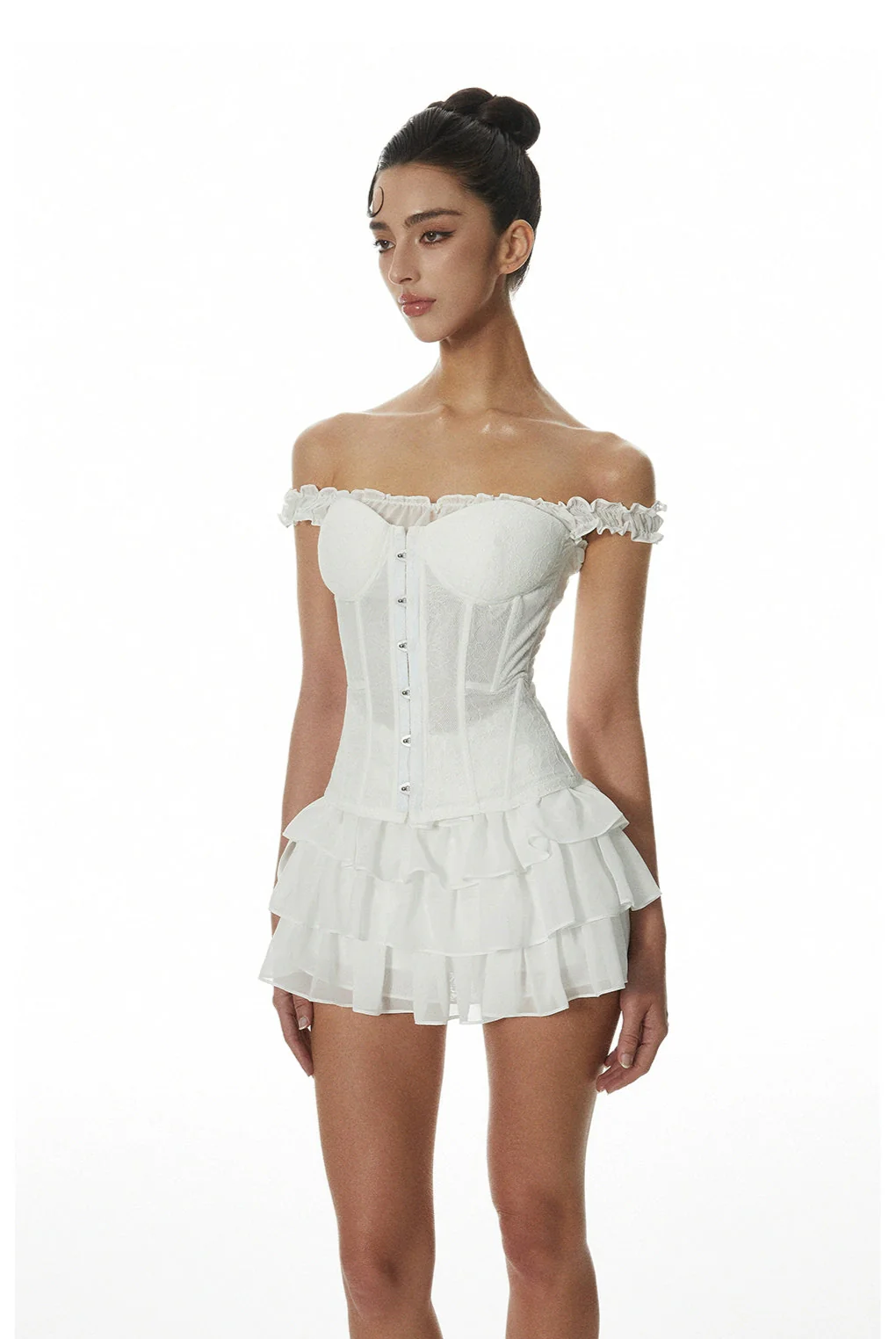 Sheer Off Shoulder Corset Top and Tier Ruffle Mini Skirt Two Piece Set