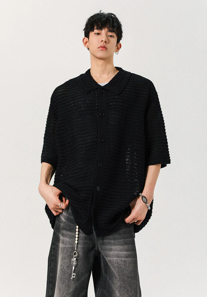 Sheer Open Knit Button-Up Short Sleeve Shirt - Image 11