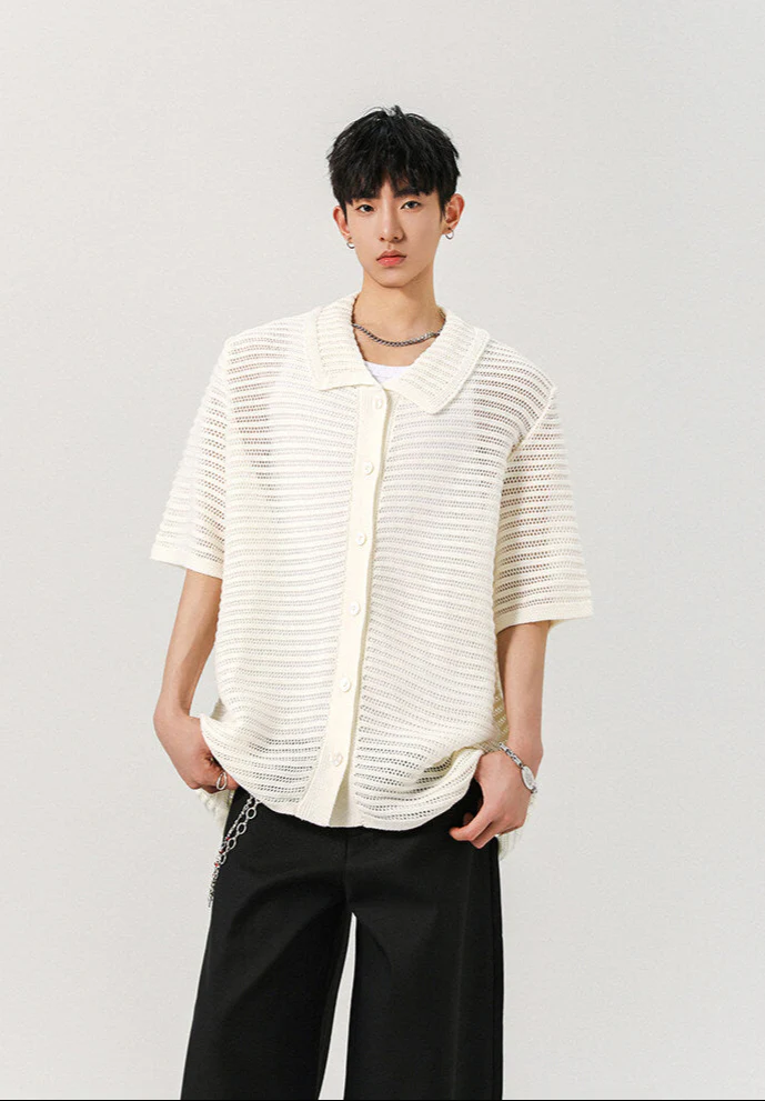 Sheer Open Knit Button-Up Short Sleeve Shirt - Image 6