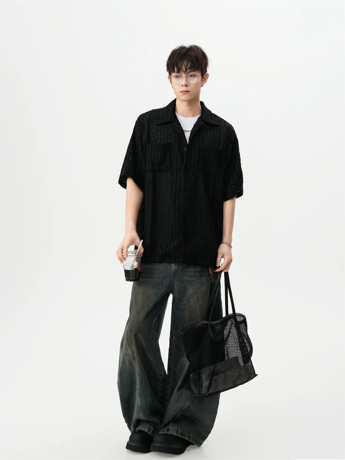Sheer Open Knit Short Sleeve Button Up Shirt with Chest Pockets - Image 5