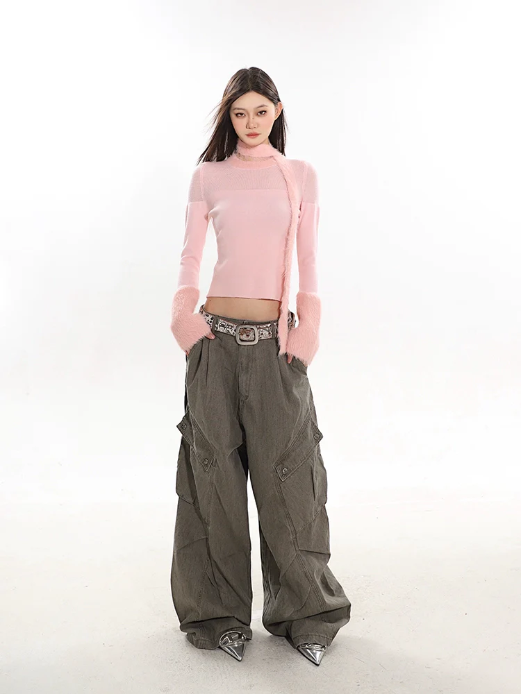 Sheer Panel Fluffy Trim Knit Sweater with Scarf - Image 4