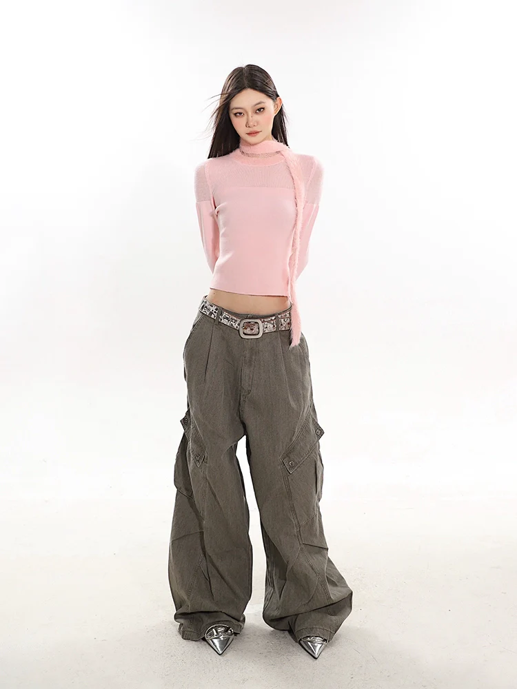 Sheer Panel Fluffy Trim Knit Sweater with Scarf - Image 7
