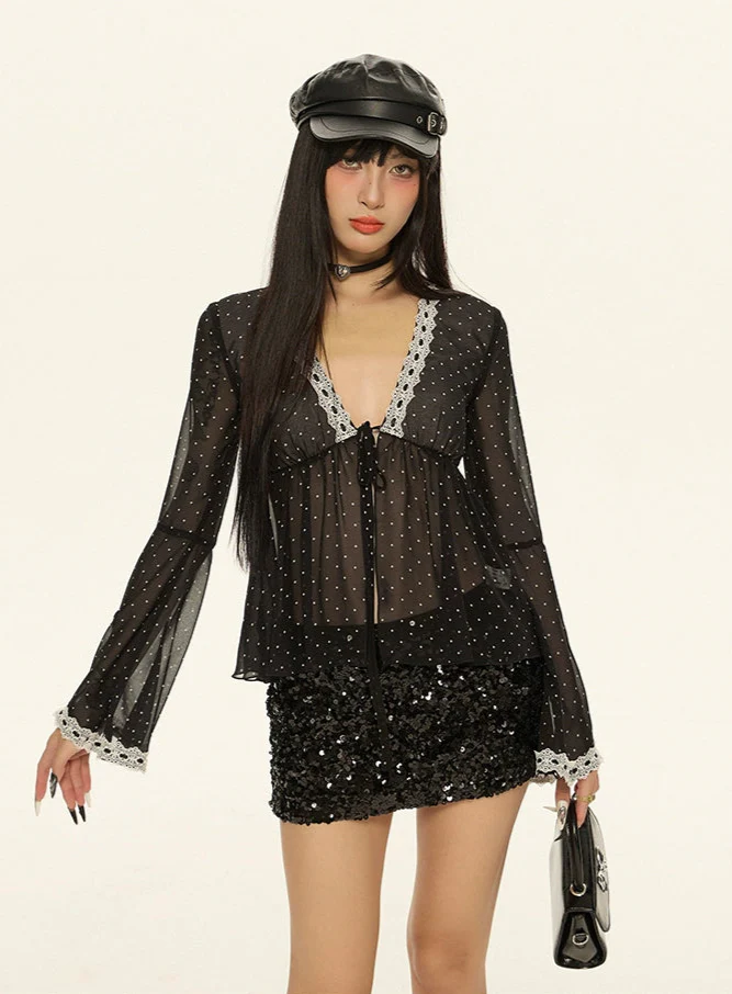 Sheer Polka Dot Lace Trim Flare Sleeve Top