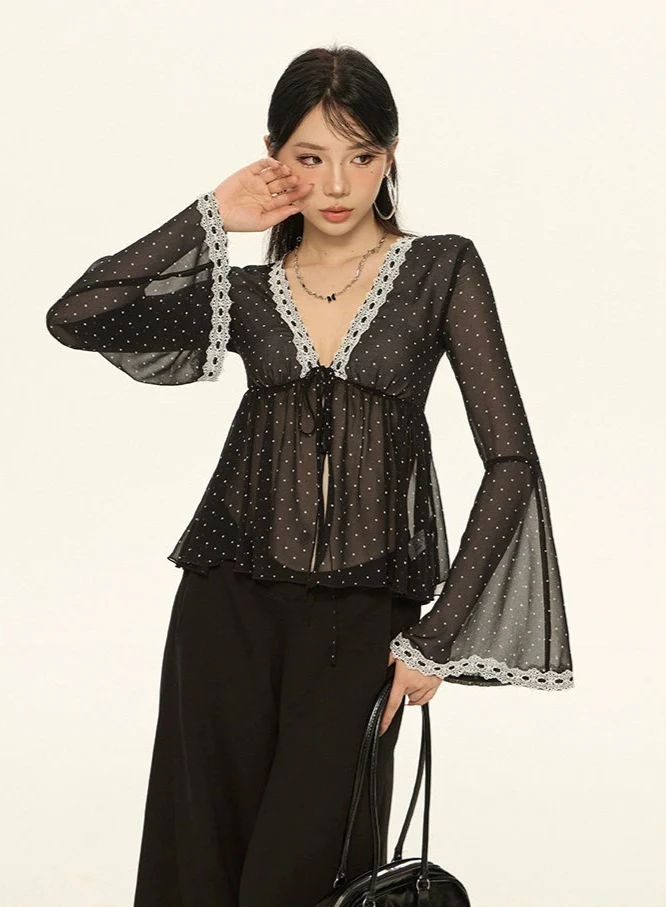 Sheer Polka Dot Lace Trim Flare Sleeve Top - Image 2