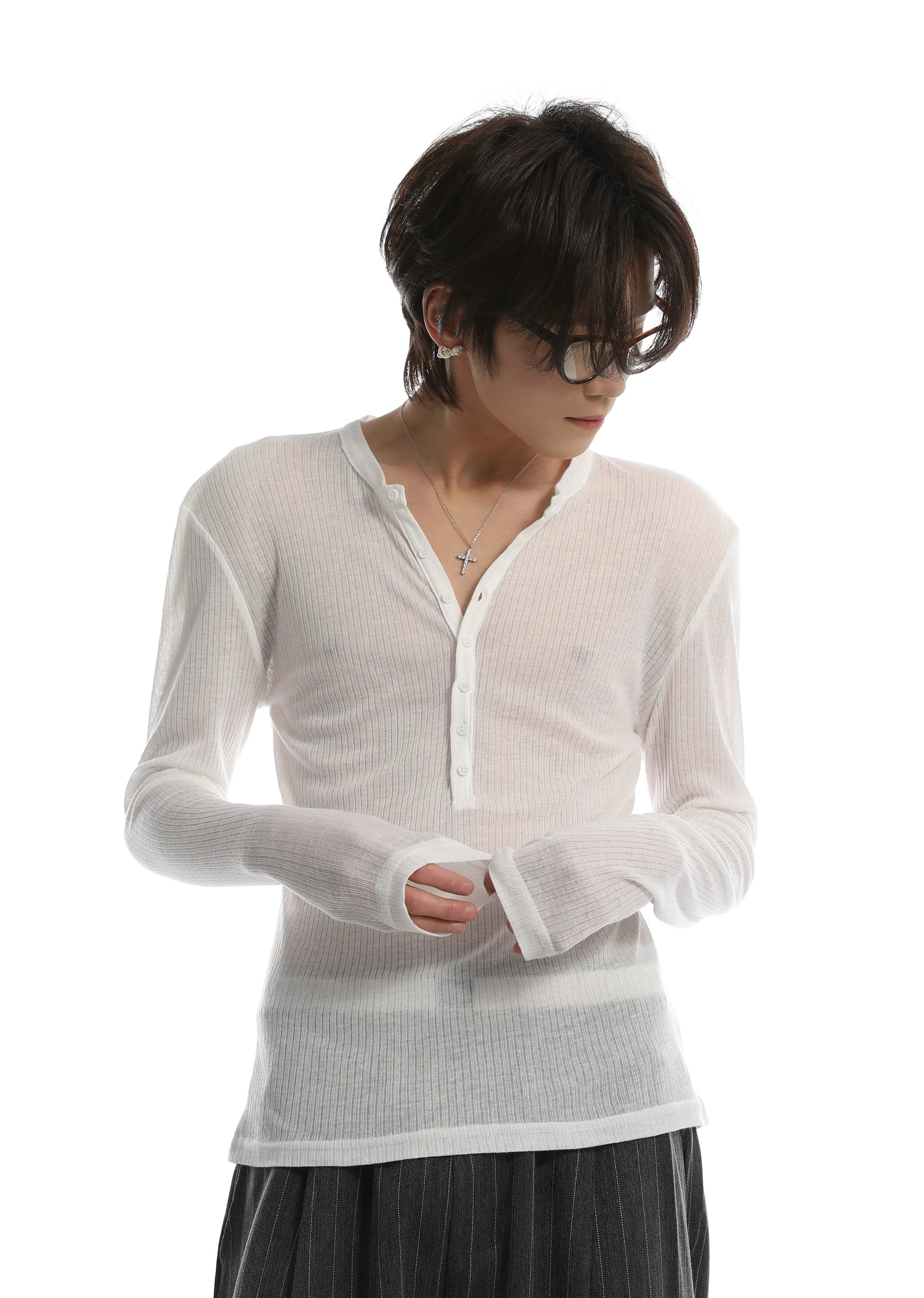 Sheer Ribbed Long Sleeve Henley Shirt - Image 2