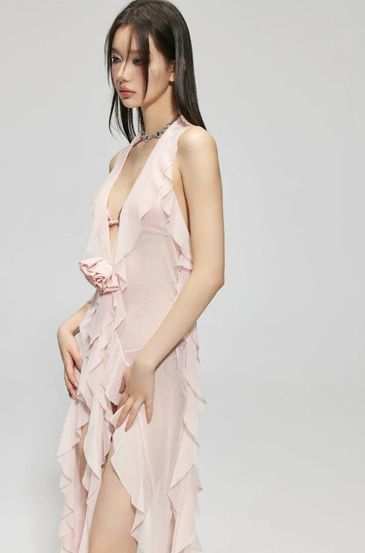 Sheer Ruffle Cover-Up Sleeveless Beach Swimdress - Image 6