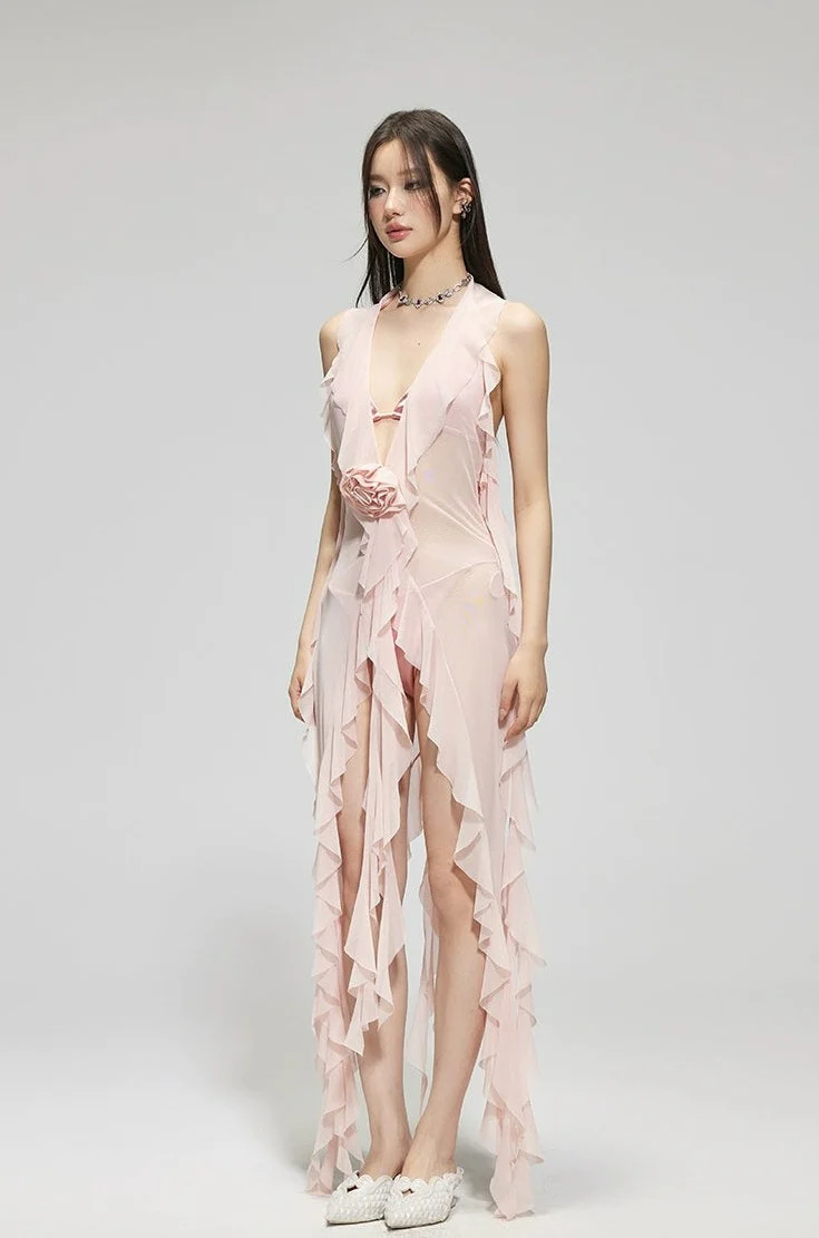 Sheer Ruffle Cover-Up Sleeveless Beach Swimdress - Image 8
