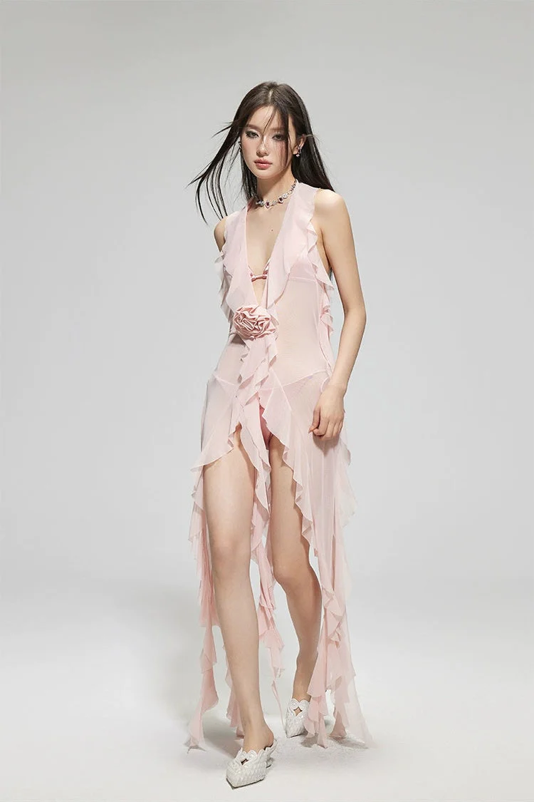 Sheer Ruffle Cover-Up Sleeveless Beach Swimdress - Image 9