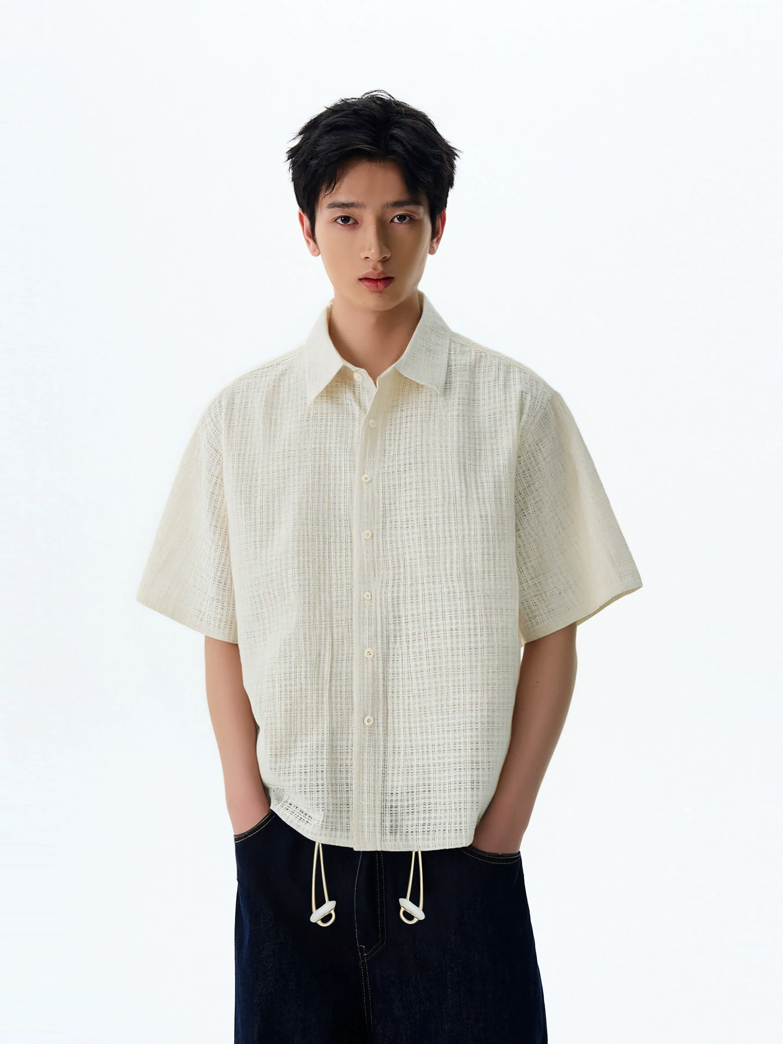 Sheer Weave Short Sleeve Button Shirt - Image 3