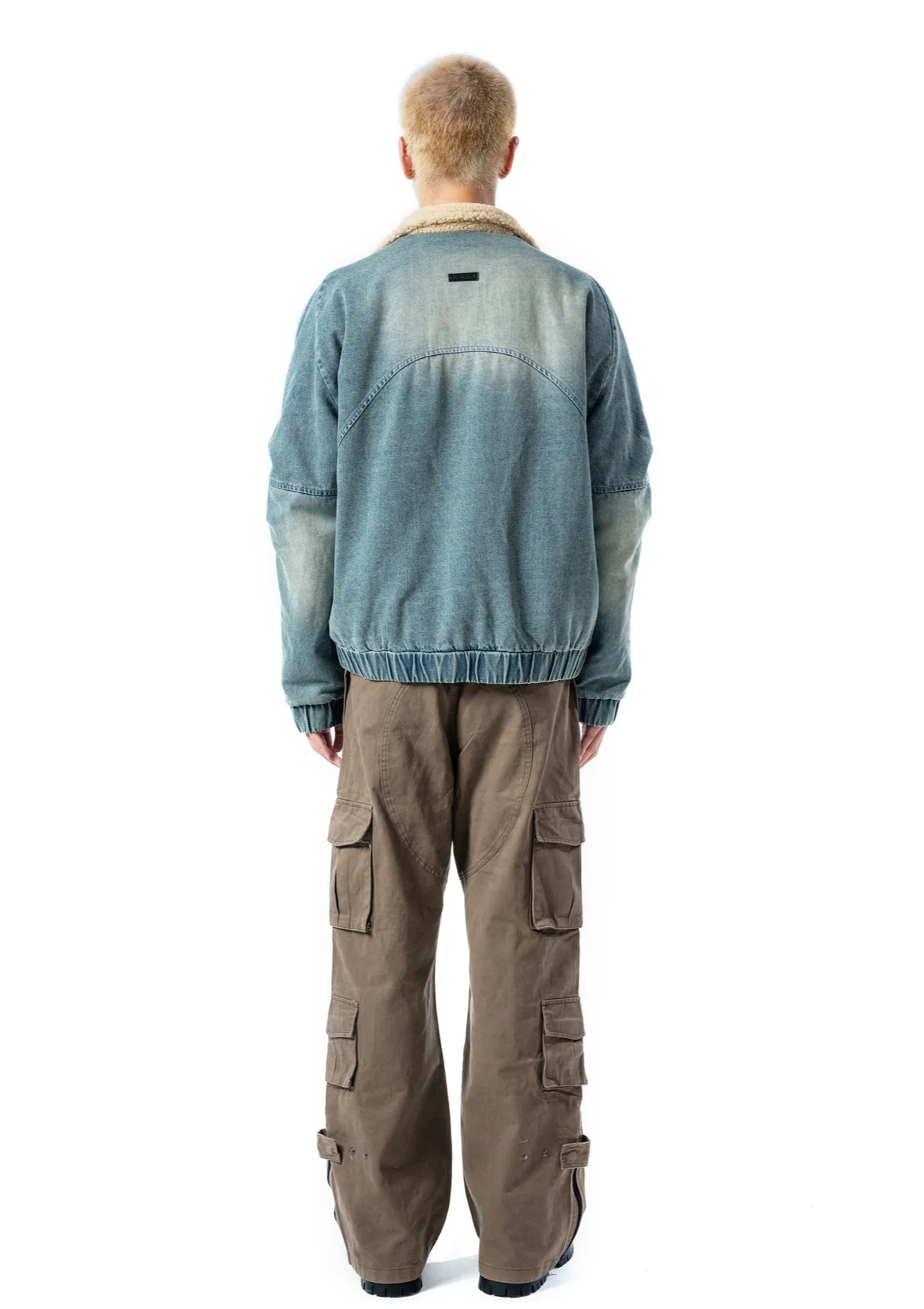 Sherpa Lined Elastic Hem Faded Denim Jacket - Image 9