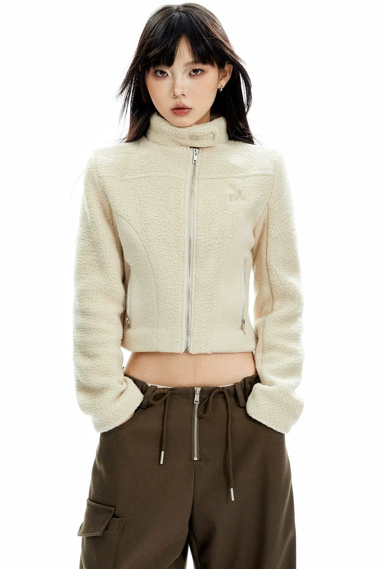 Sherpa Zip-Up High Collar Cropped Jacket - Image 2