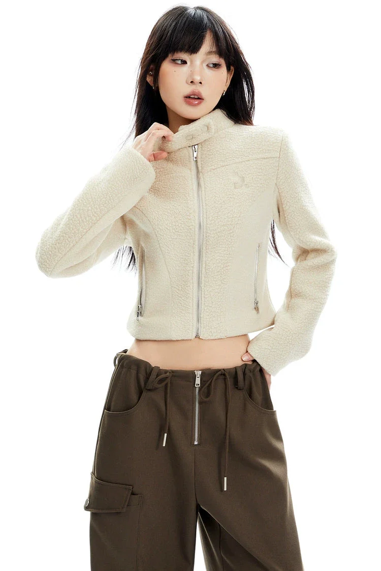 Sherpa Zip-Up High Collar Cropped Jacket - Image 3