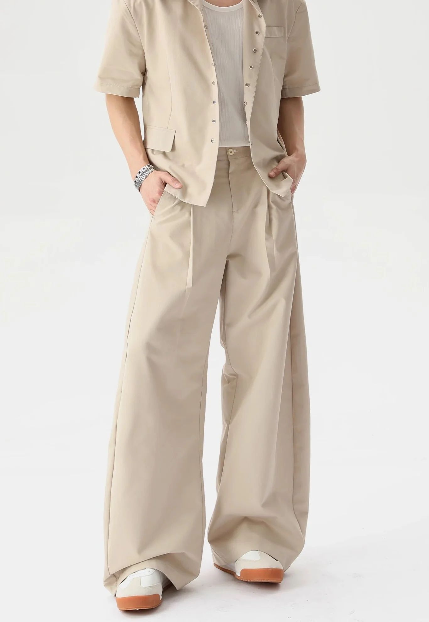 Short Sleeve Snap Button Shirt and Wide Leg Pleated Pants Two-Piece Set - Image 7