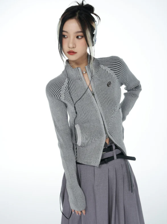 Skinny Double Zip Ribbed Cardigan - Image 2