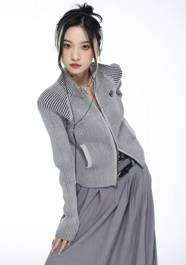 Skinny Double Zip Ribbed Cardigan - Image 3