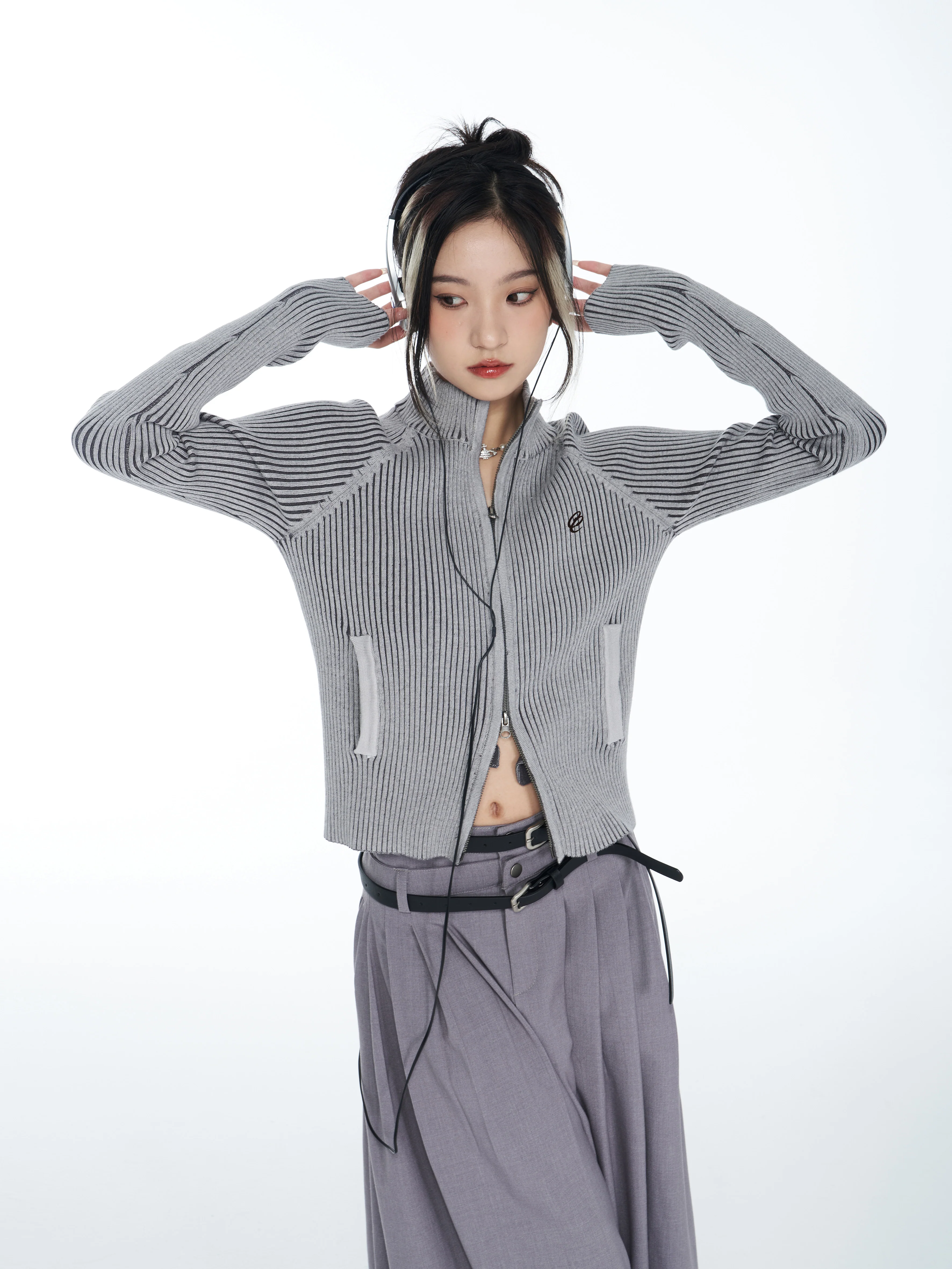 Skinny Double Zip Ribbed Cardigan - Image 4