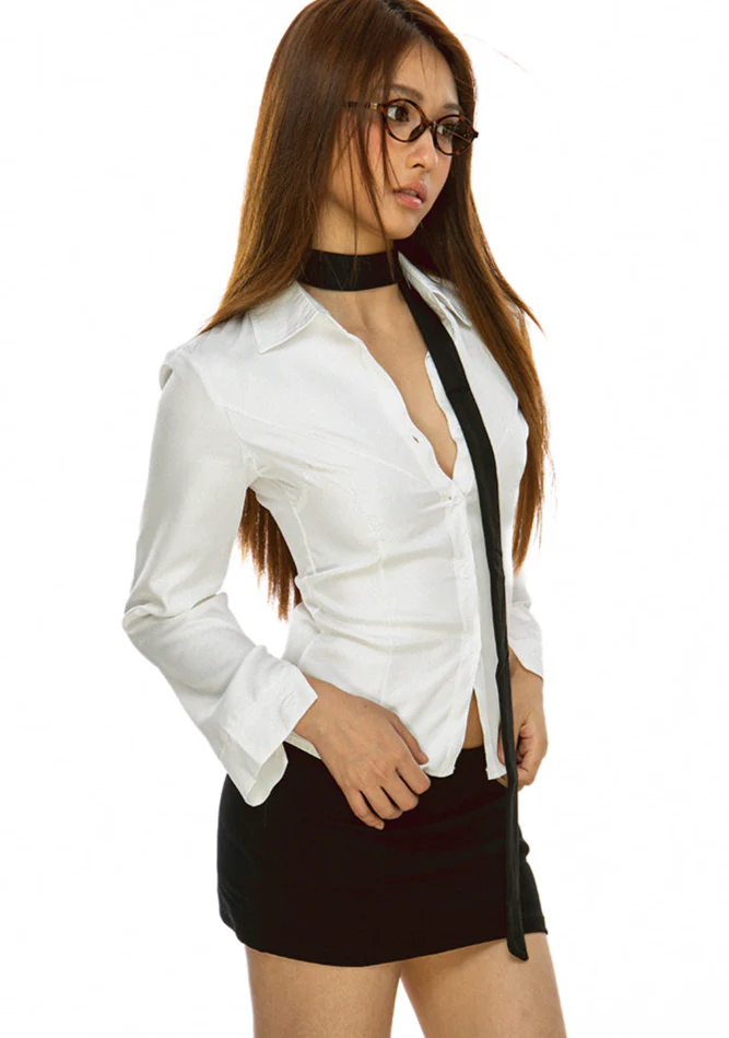 Skinny Long Sleeve Button-Up Shirt with Collar - Image 4