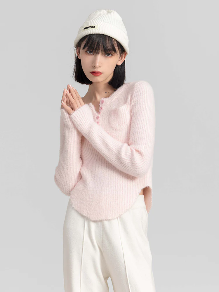 Fuzzy Skinny Ribbed Half Button Top - Image 6
