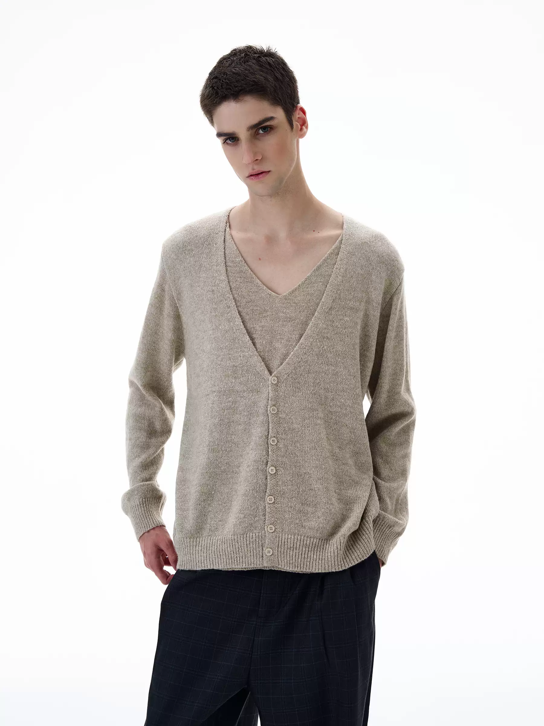 Skinny Ribbed Hem Mock Layered Button Cardigan - Image 4