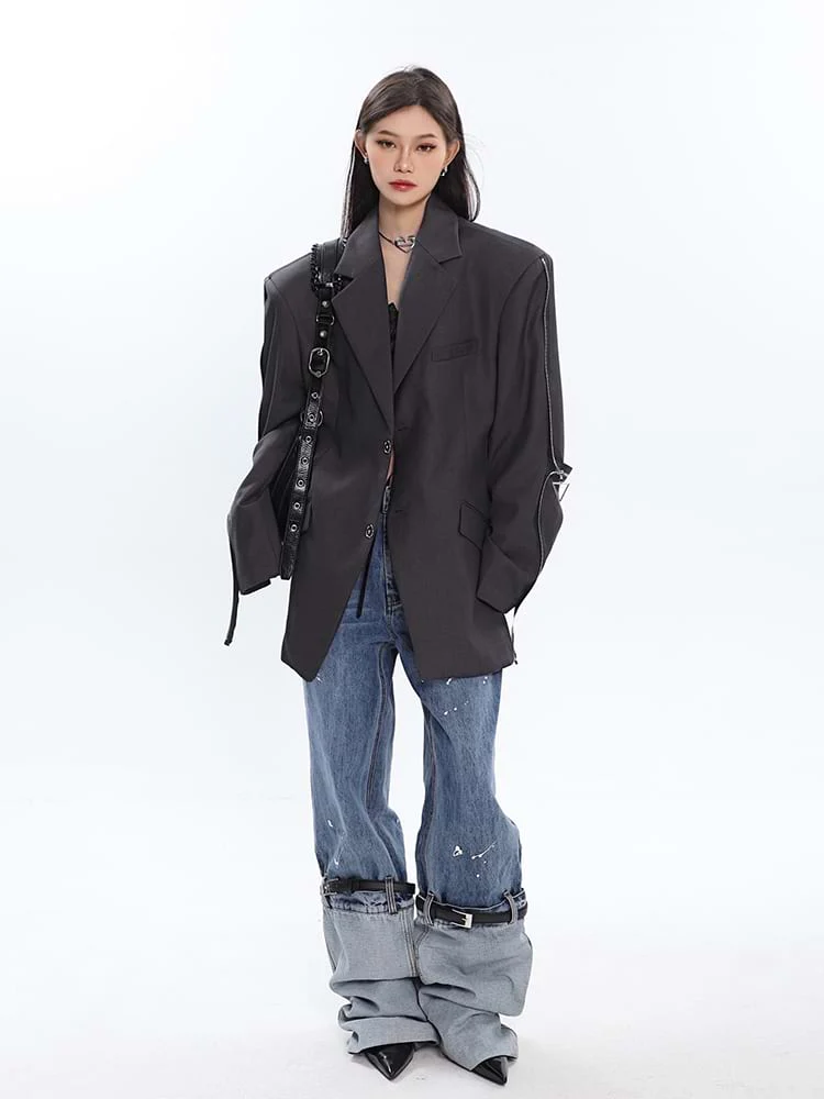 Sleeve Zip Blazer with Shoulder Pads - Image 14