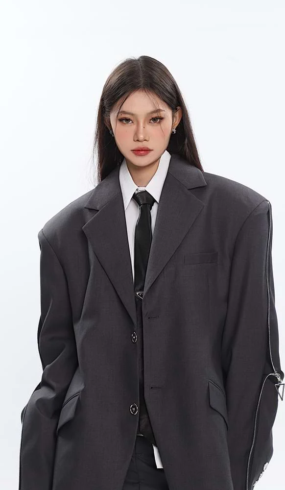 Sleeve Zip Blazer with Shoulder Pads - Image 5
