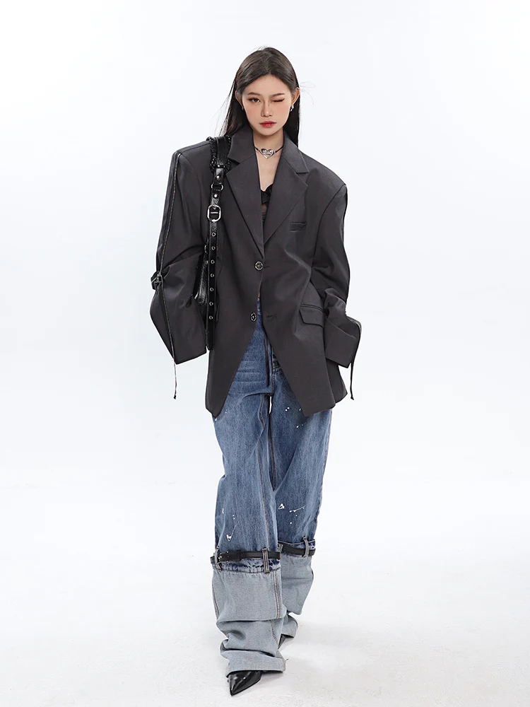 Sleeve Zip Blazer with Shoulder Pads - Image 7