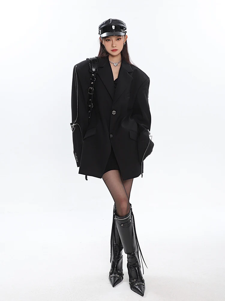 Sleeve Zip Blazer with Shoulder Pads - Image 9