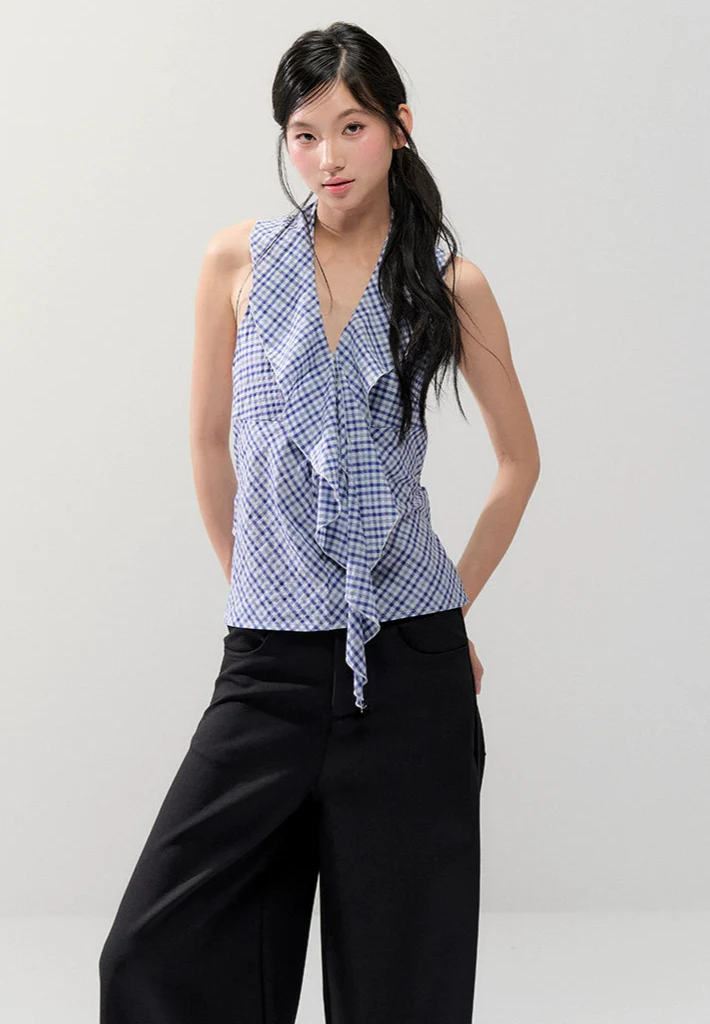Sleeveless Checker Ruffle Front Tie Halter Top - Image 9
