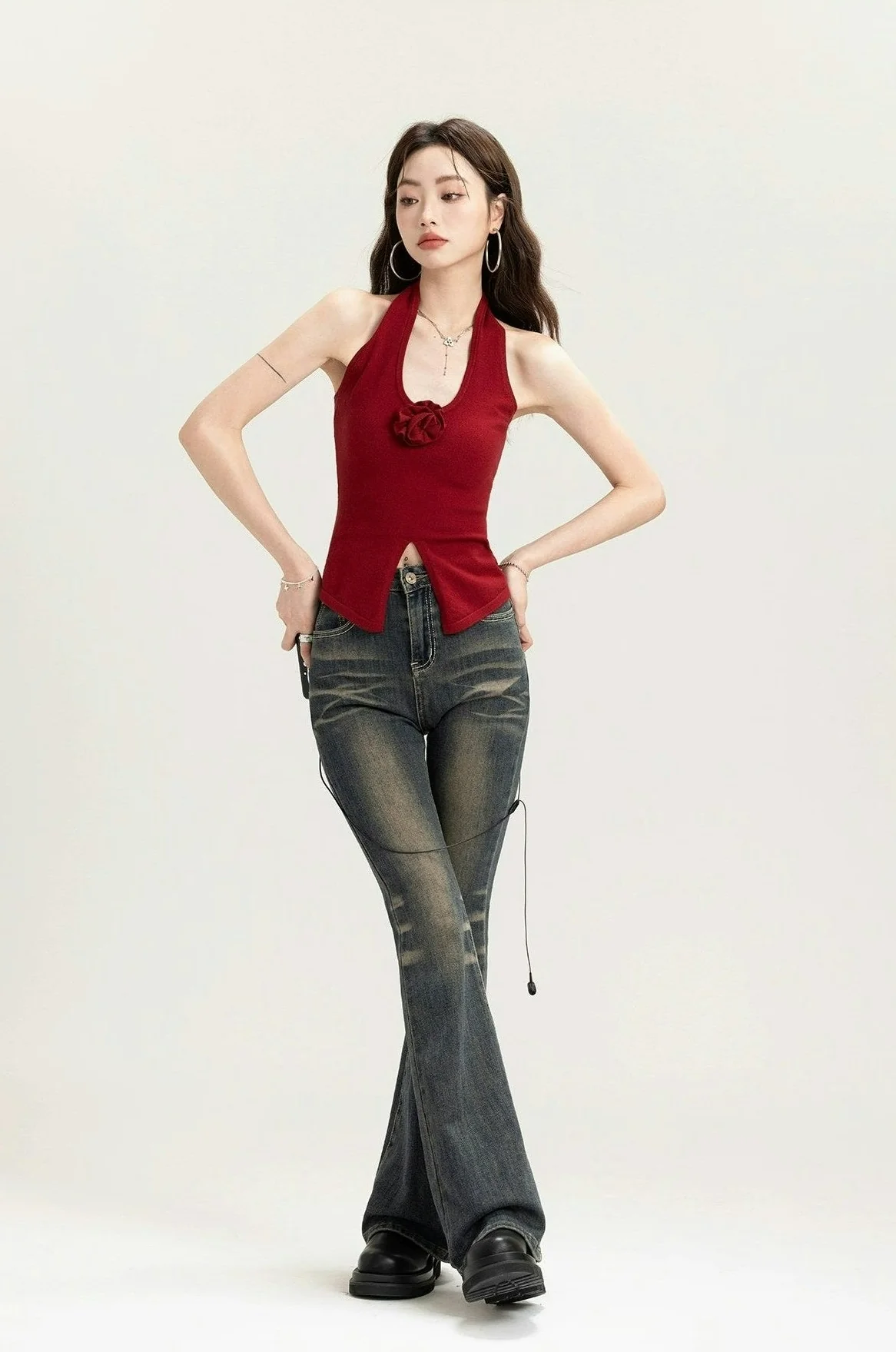 Sleeveless Halter Top with Front Rose Detail - Image 10