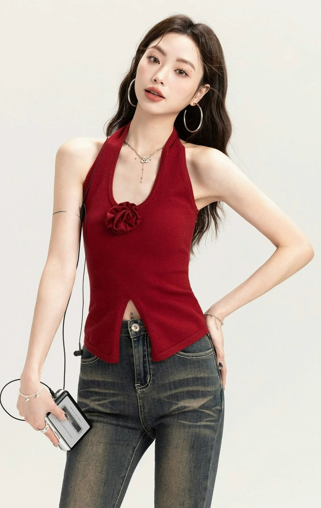 Sleeveless Halter Top with Front Rose Detail - Image 8
